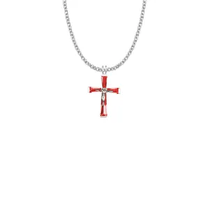 1-1/16 Inch Sterling Silver and Glass Crystal July Birthstone Crucifix Necklace