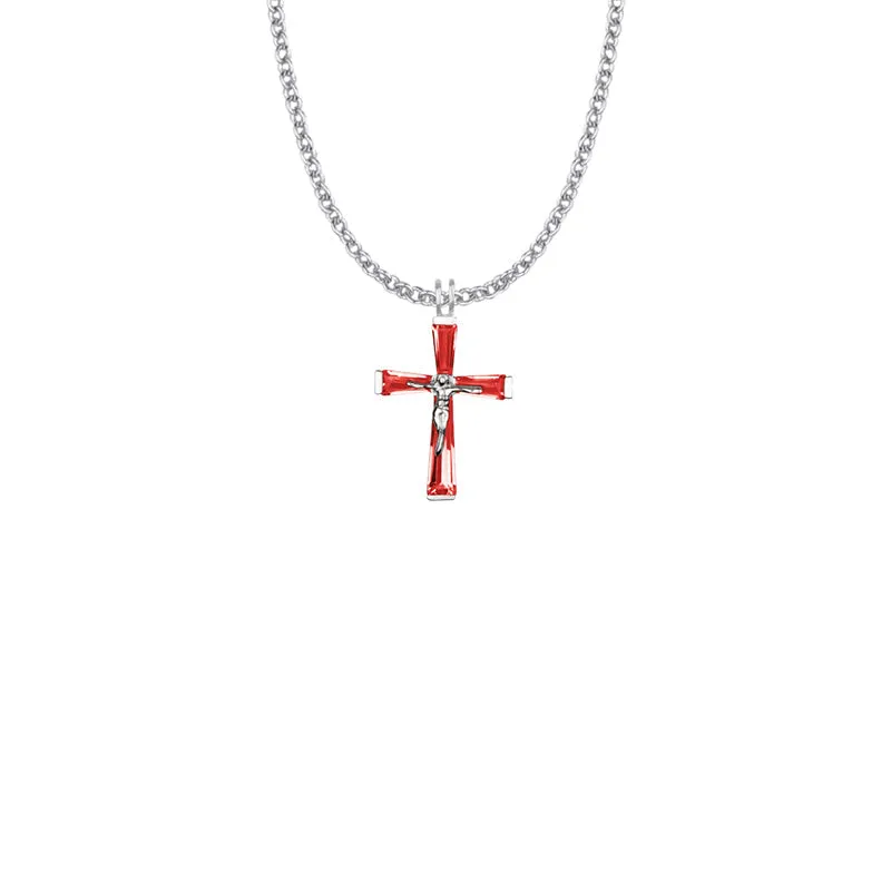 1-1/16 Inch Sterling Silver and Glass Crystal July Birthstone Crucifix Necklace