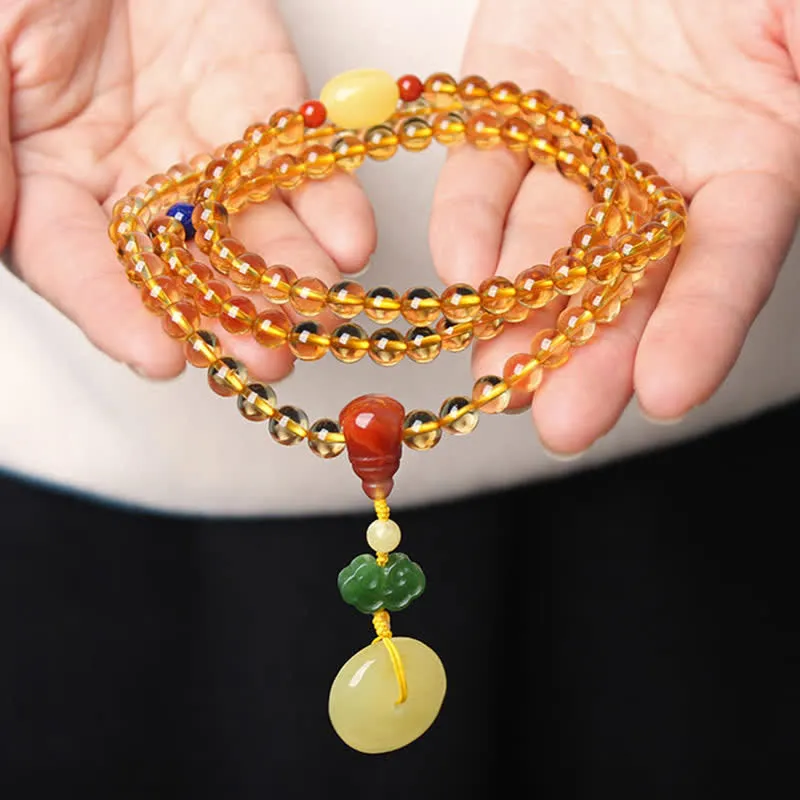108 Mala Beads Natural Citrine Amber Peace Buckle Red Agate PiXiu Protection Charm Bracelet