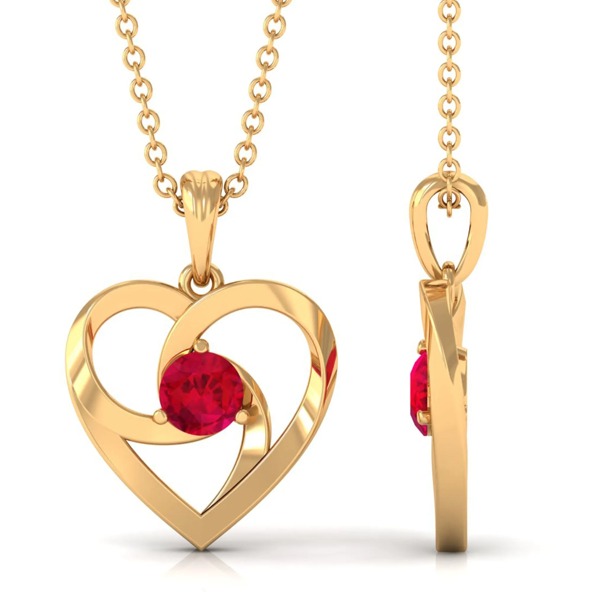 1/4 CT Round Created Ruby Gold Heart Pendant Necklace