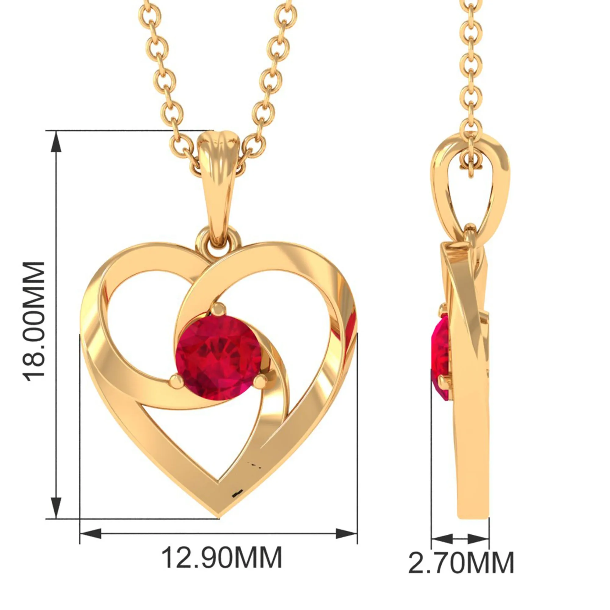 1/4 CT Round Created Ruby Gold Heart Pendant Necklace