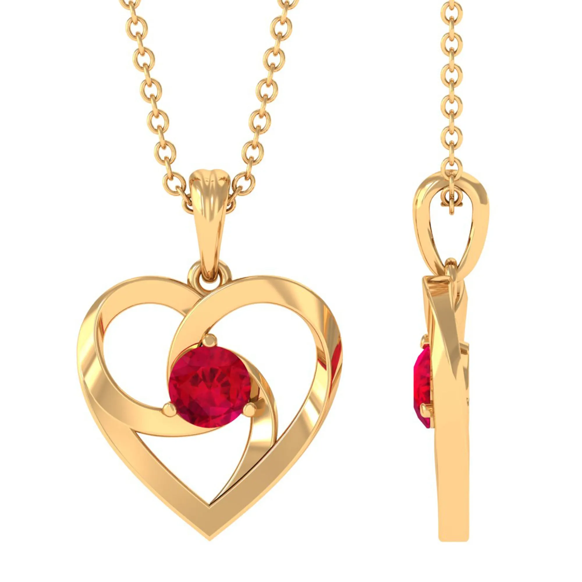 1/4 CT Round Created Ruby Gold Heart Pendant Necklace