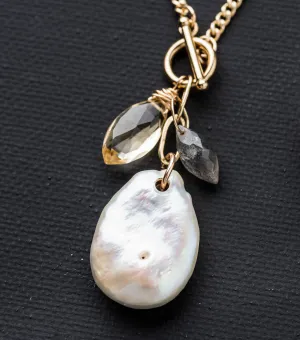 14K Gold Fill, Pearl, Labradorite, Citrine Cluster Necklace