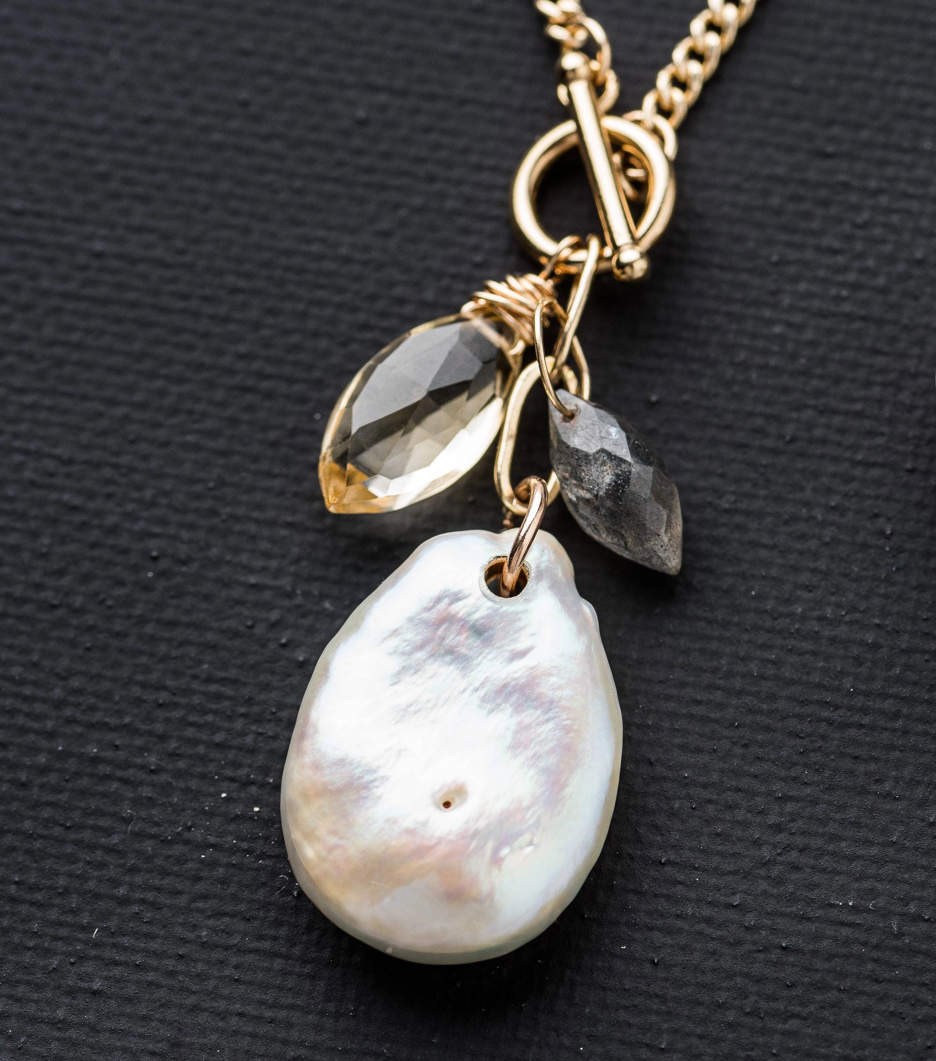 14K Gold Fill, Pearl, Labradorite, Citrine Cluster Necklace