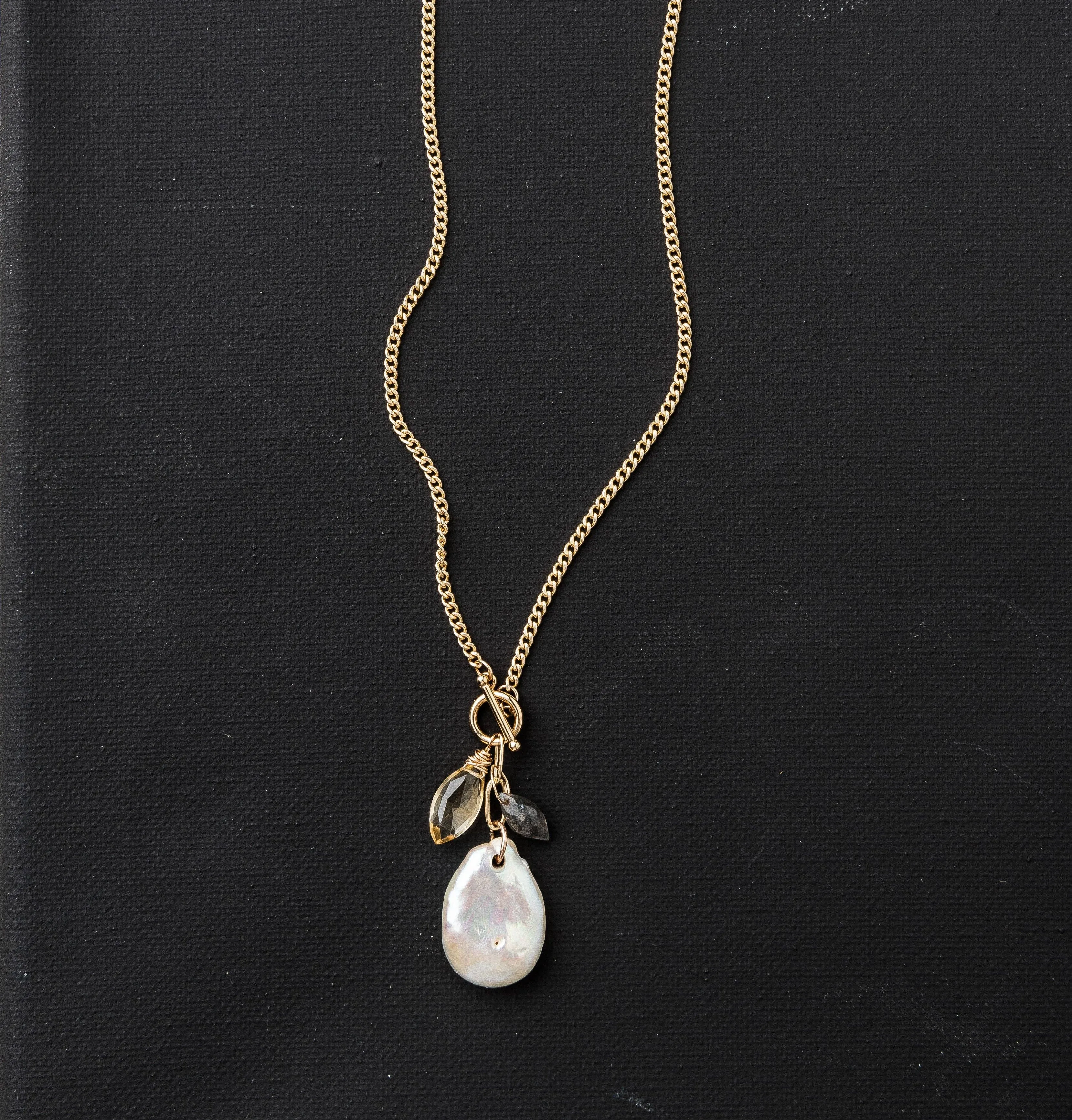 14K Gold Fill, Pearl, Labradorite, Citrine Cluster Necklace