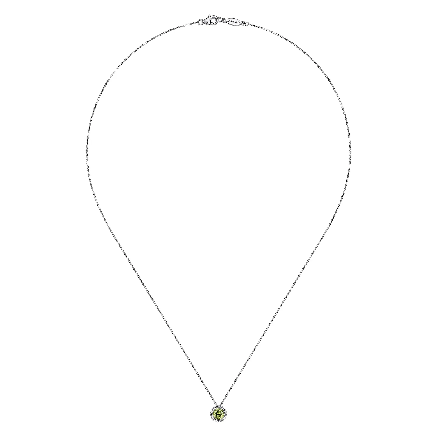 14k White Gold Diamond Halo Peridot Pendant Necklace
