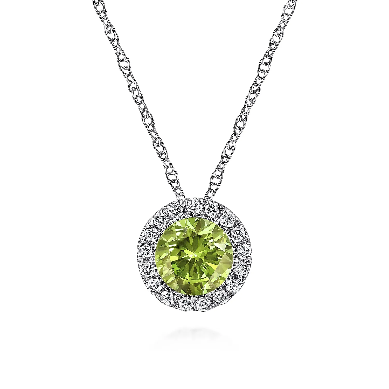 14k White Gold Diamond Halo Peridot Pendant Necklace