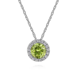 14k White Gold Diamond Halo Peridot Pendant Necklace