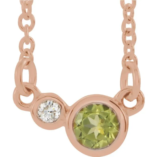 14KT GOLD 0.30 CT PERIDOT & 0.03 CTW DIAMOND 2 STONE BEZEL-SET NECKLACE