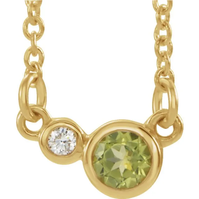 14KT GOLD 0.30 CT PERIDOT & 0.03 CTW DIAMOND 2 STONE BEZEL-SET NECKLACE