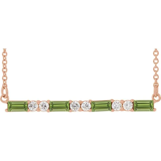14KT GOLD 0.60 CT PERIDOT & 0.20 CTW DIAMOND ACCENT BAR NECKLACE