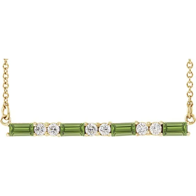 14KT GOLD 0.60 CT PERIDOT & 0.20 CTW DIAMOND ACCENT BAR NECKLACE
