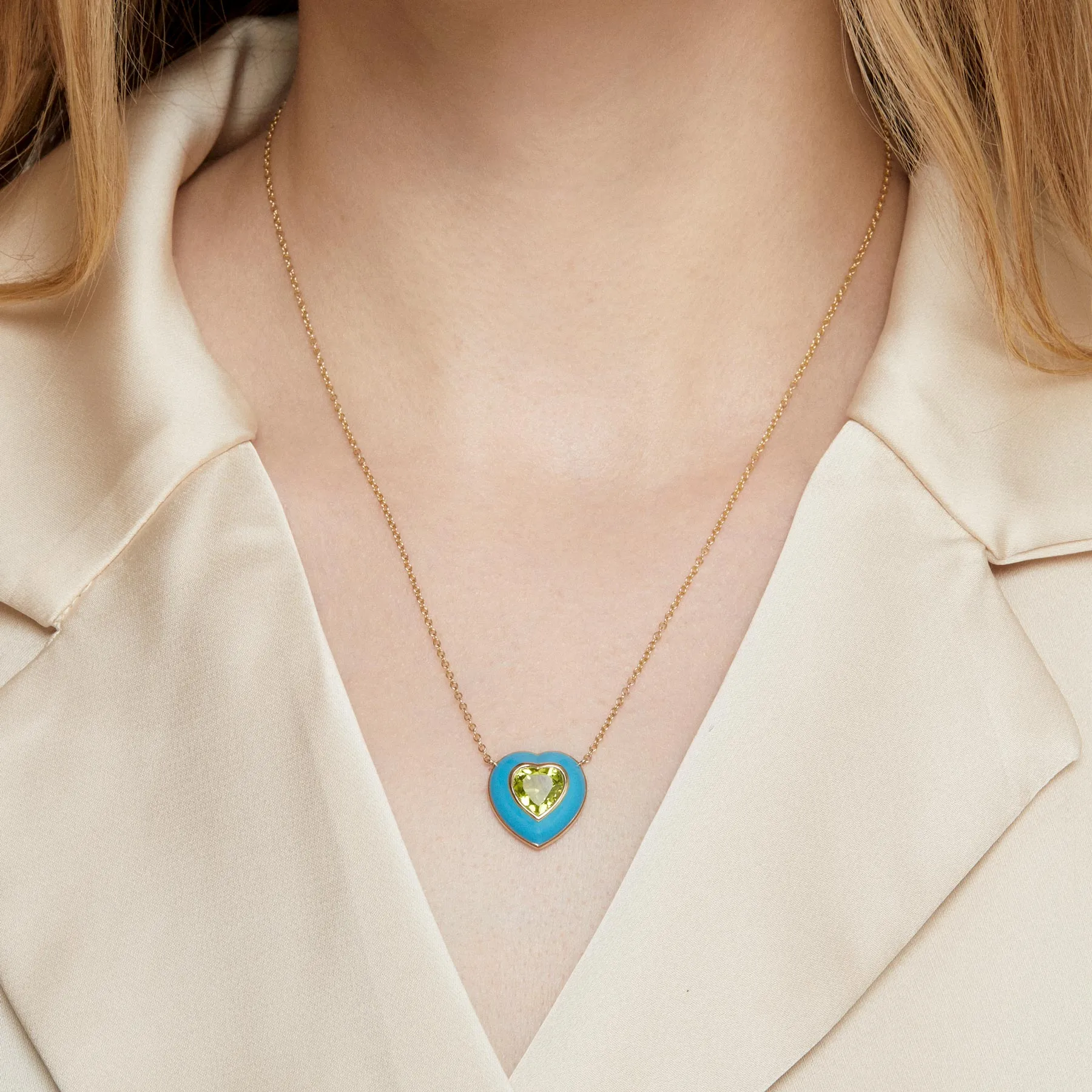 14KT Yellow Gold Peridot Turquoise Enamel Heart Necklace