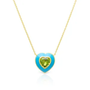 14KT Yellow Gold Peridot Turquoise Enamel Heart Necklace