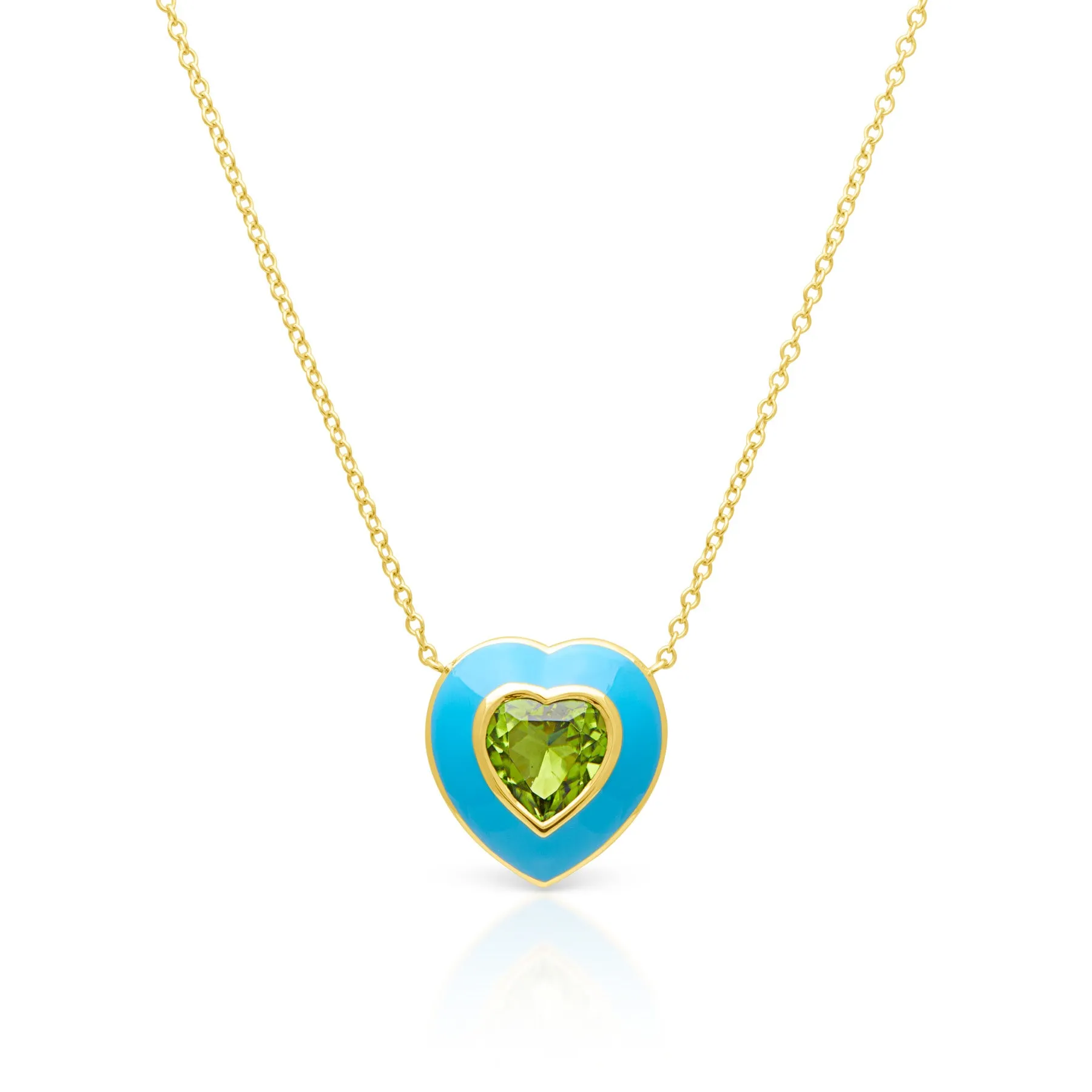14KT Yellow Gold Peridot Turquoise Enamel Heart Necklace