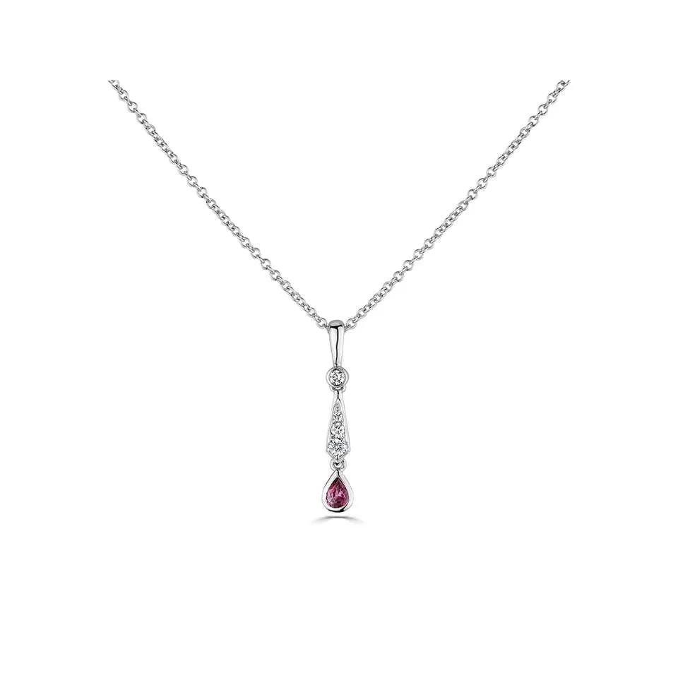 18ct White Gold 0.18ct Ruby And 0.10ct Diamond Drop Necklace
