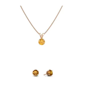 18K Rose Gold 1ct Citrine Round 18 Inch Necklace and Earrings Set Plated