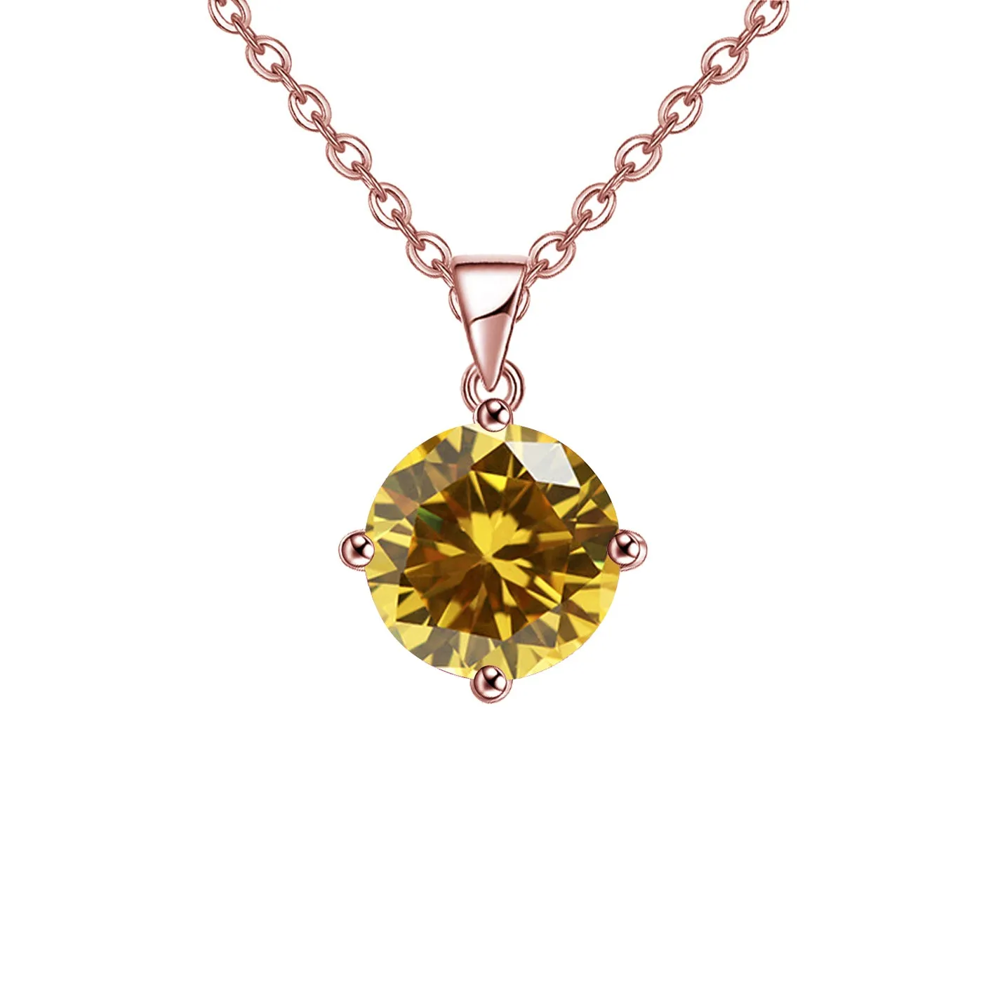 18K Rose Gold 4 Carat Created Citrine Round Stud Necklace Plated 18 inch