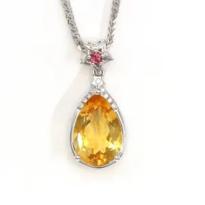 18k White Gold Genuine Citrine & Diamonds Pendant Necklace with Tourmaline