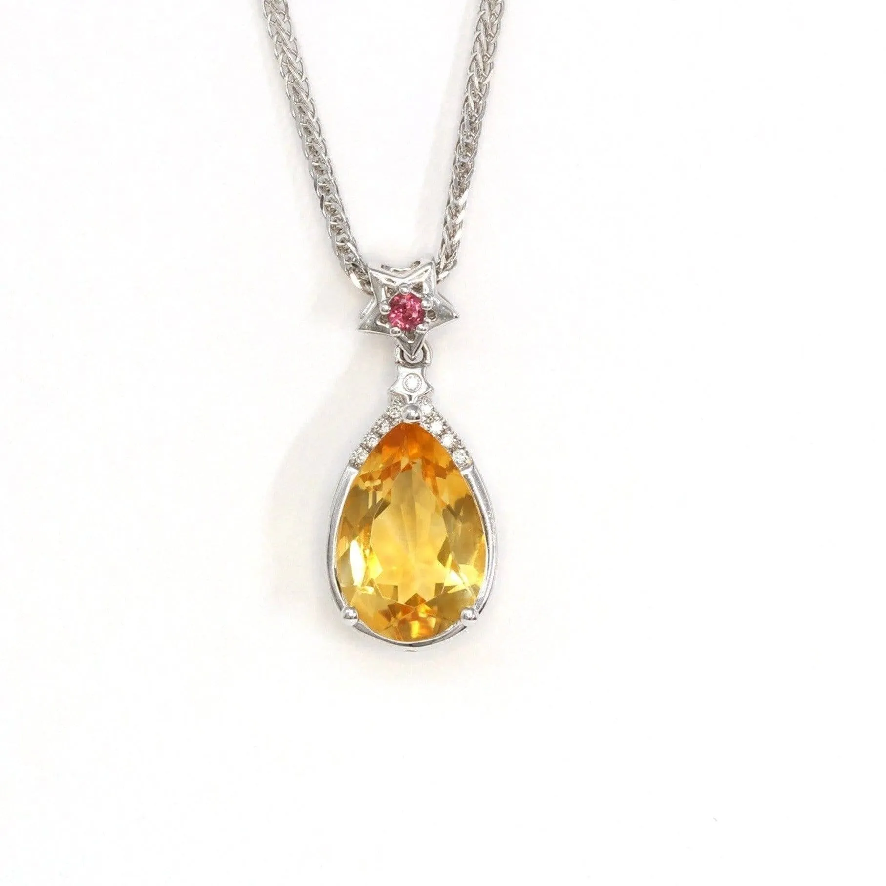 18k White Gold Genuine Citrine & Diamonds Pendant Necklace with Tourmaline