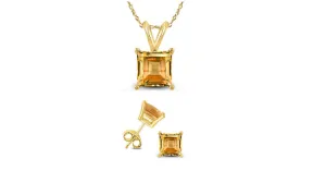18K Yellow Gold 1ct Citrine Square 18 Inch Necklace and Earrings Set Plated