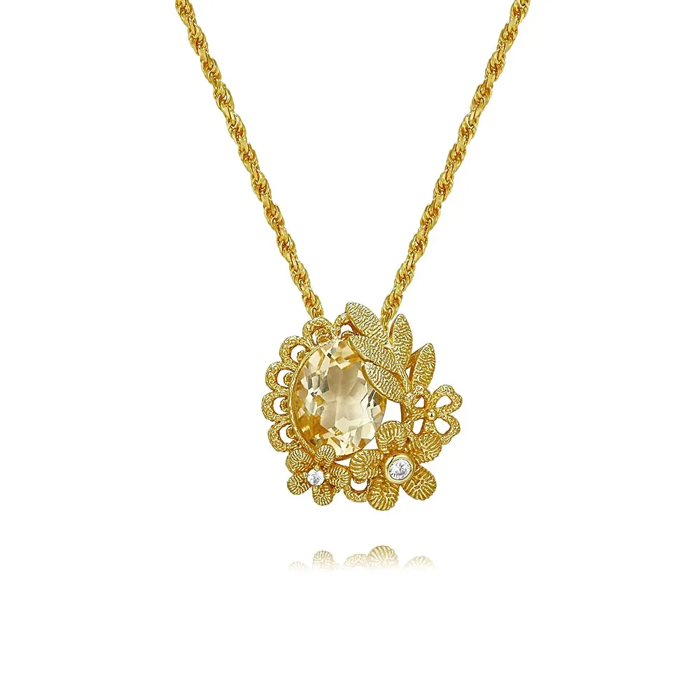925 Silver Citrine Round Flower and Leaf Necklace