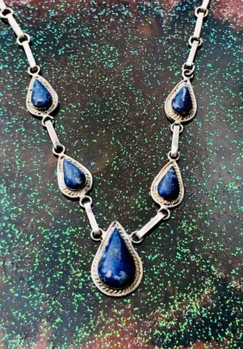 Antique Lapis Lazuli Blue Stone Silver Link Necklace Marked