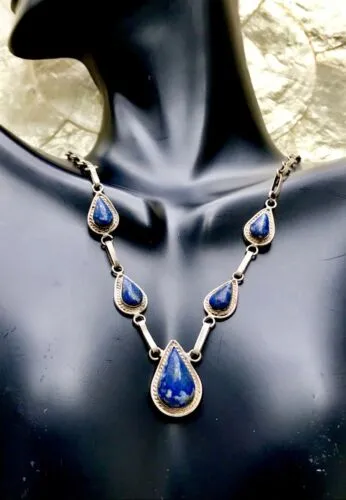 Antique Lapis Lazuli Blue Stone Silver Link Necklace Marked