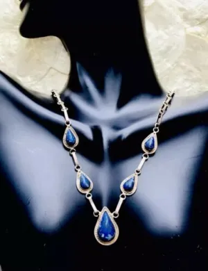 Antique Lapis Lazuli Blue Stone Silver Link Necklace Marked