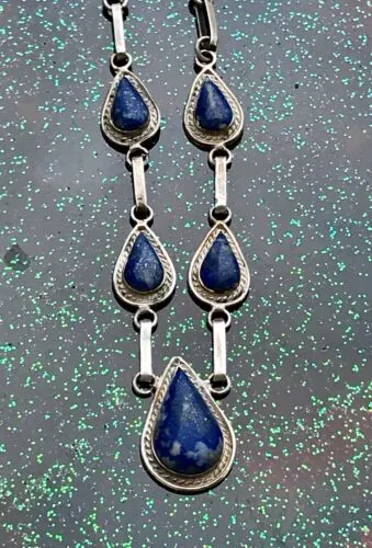 Antique Lapis Lazuli Blue Stone Silver Link Necklace Marked
