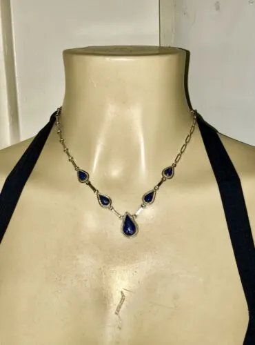 Antique Lapis Lazuli Blue Stone Silver Link Necklace Marked