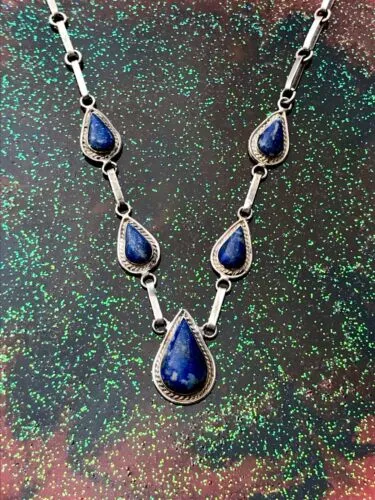 Antique Lapis Lazuli Blue Stone Silver Link Necklace Marked