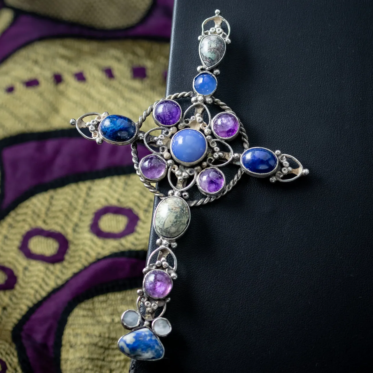 Antique Victorian Gemstone Cross Pendant And Silver Guard Chain Necklace