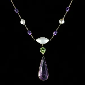 Antique Victorian Suffragette Necklace 15Ct Gold Circa 1900 Amethyst Pearl Peridot
