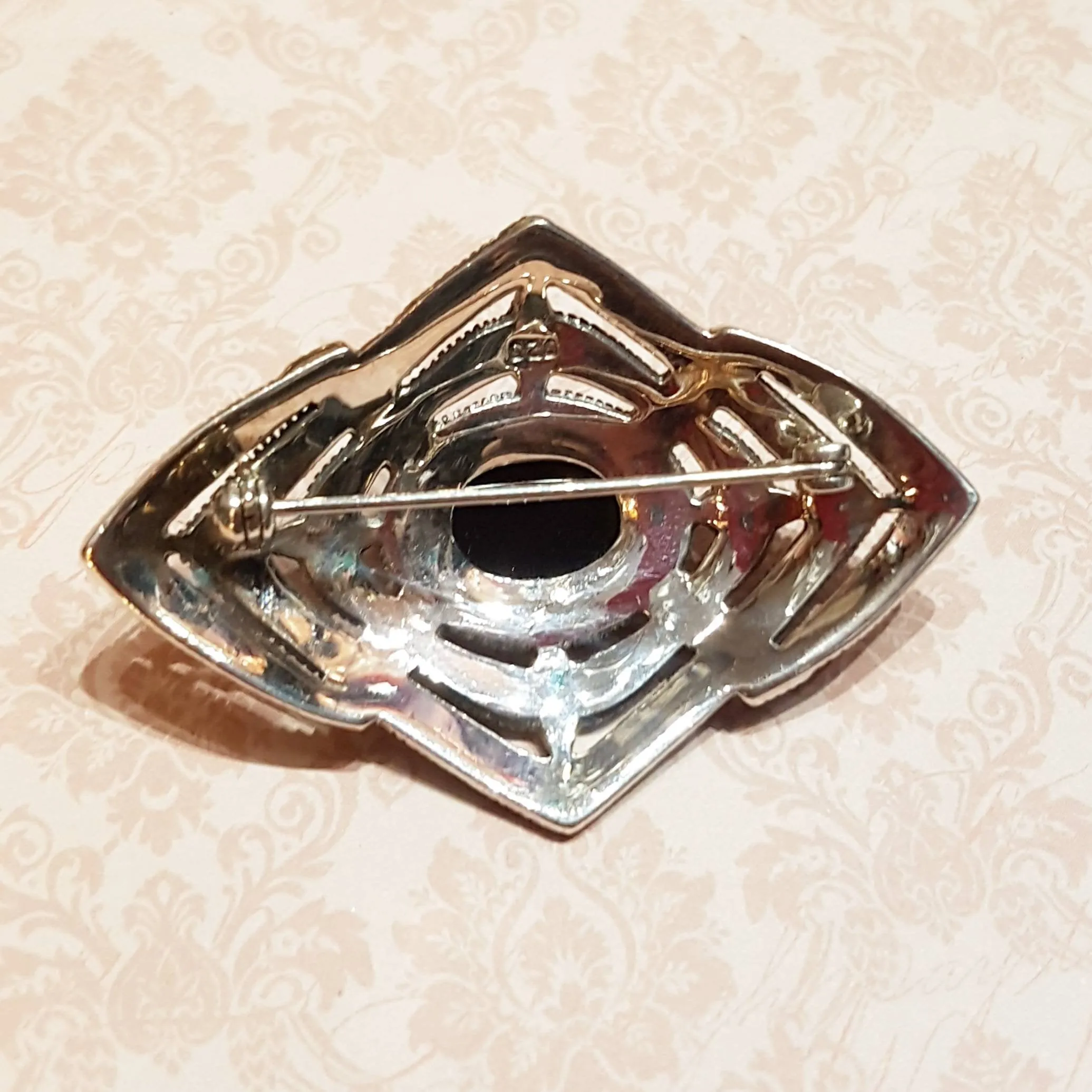 Art Deco Brooch Silver Marcasite Black Onyx