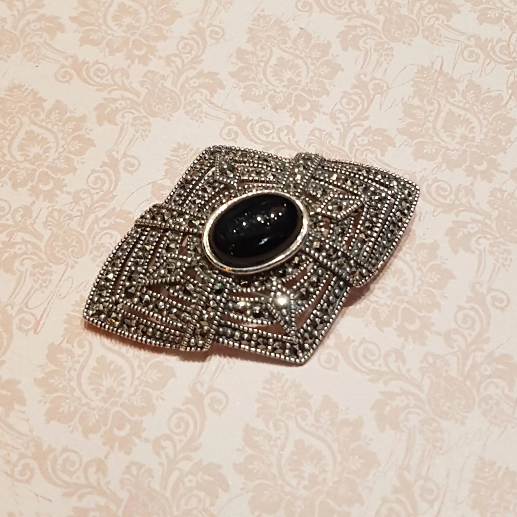 Art Deco Brooch Silver Marcasite Black Onyx