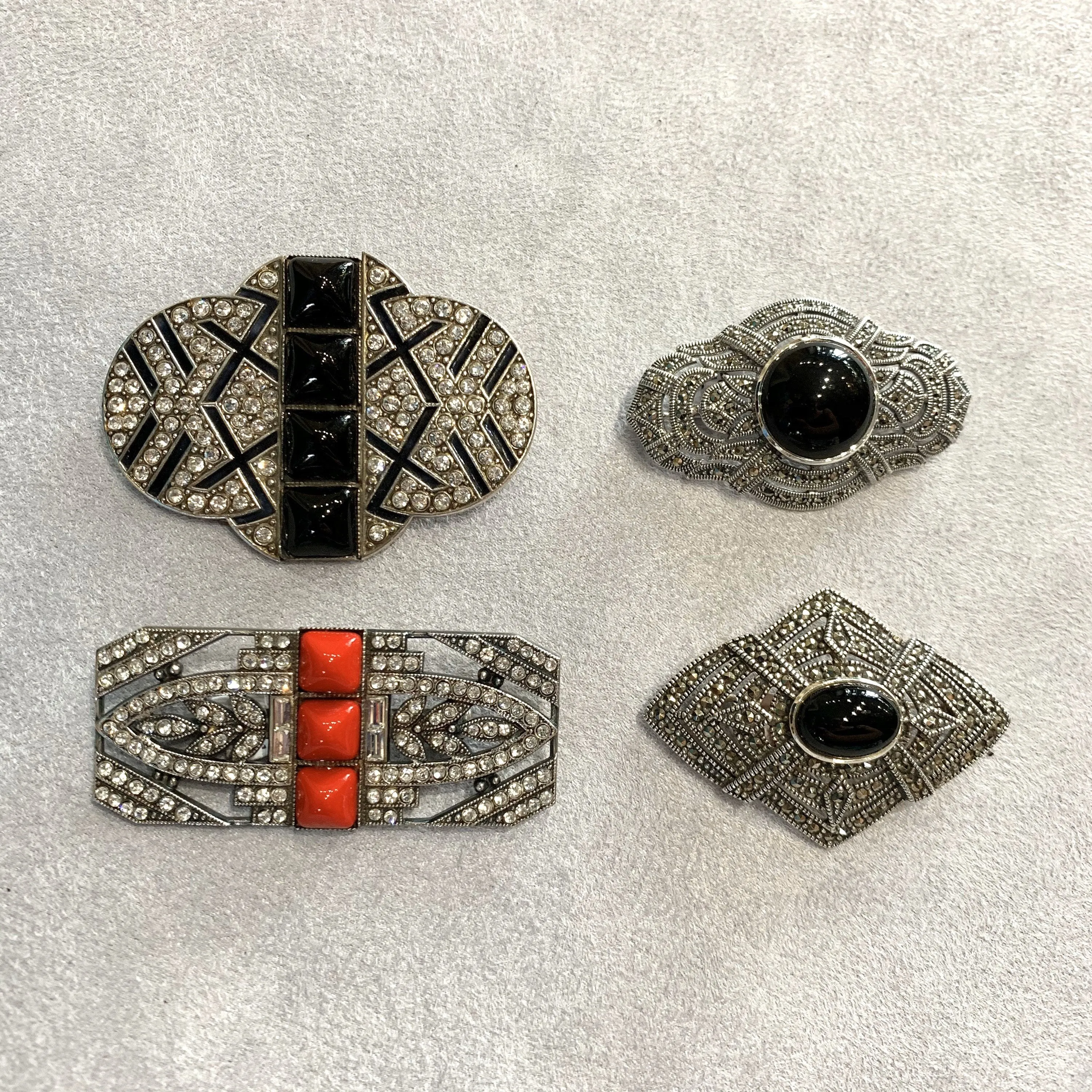 Art Deco Brooch Silver Marcasite Black Onyx