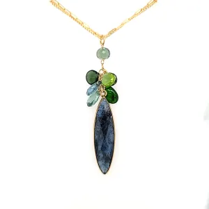 AVF Gold Elongated Kyanite w/ Peridot, Quartz, Moss Aqua & Chrome Diopside Cluster Necklace (SI3728)