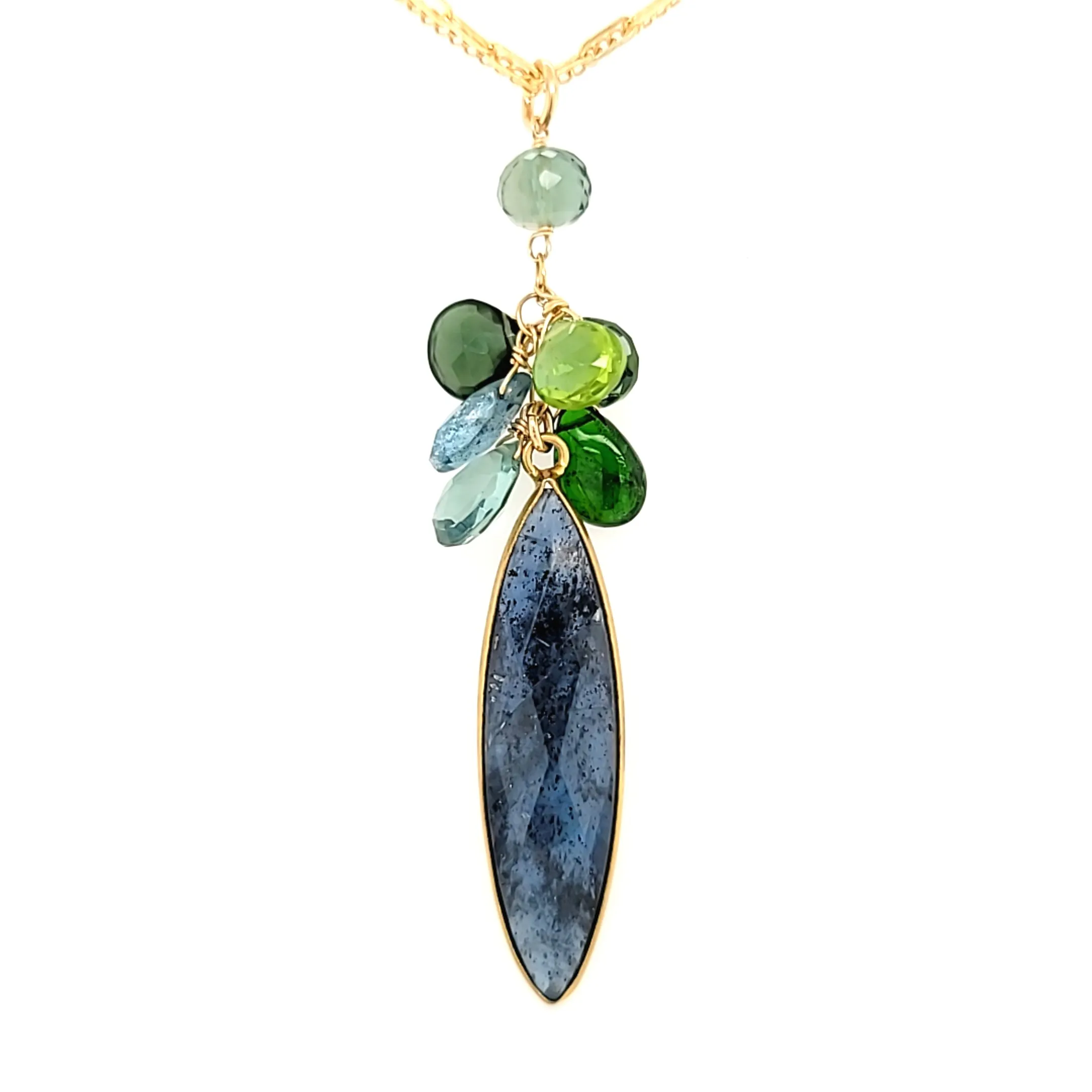 AVF Gold Elongated Kyanite w/ Peridot, Quartz, Moss Aqua & Chrome Diopside Cluster Necklace (SI3728)