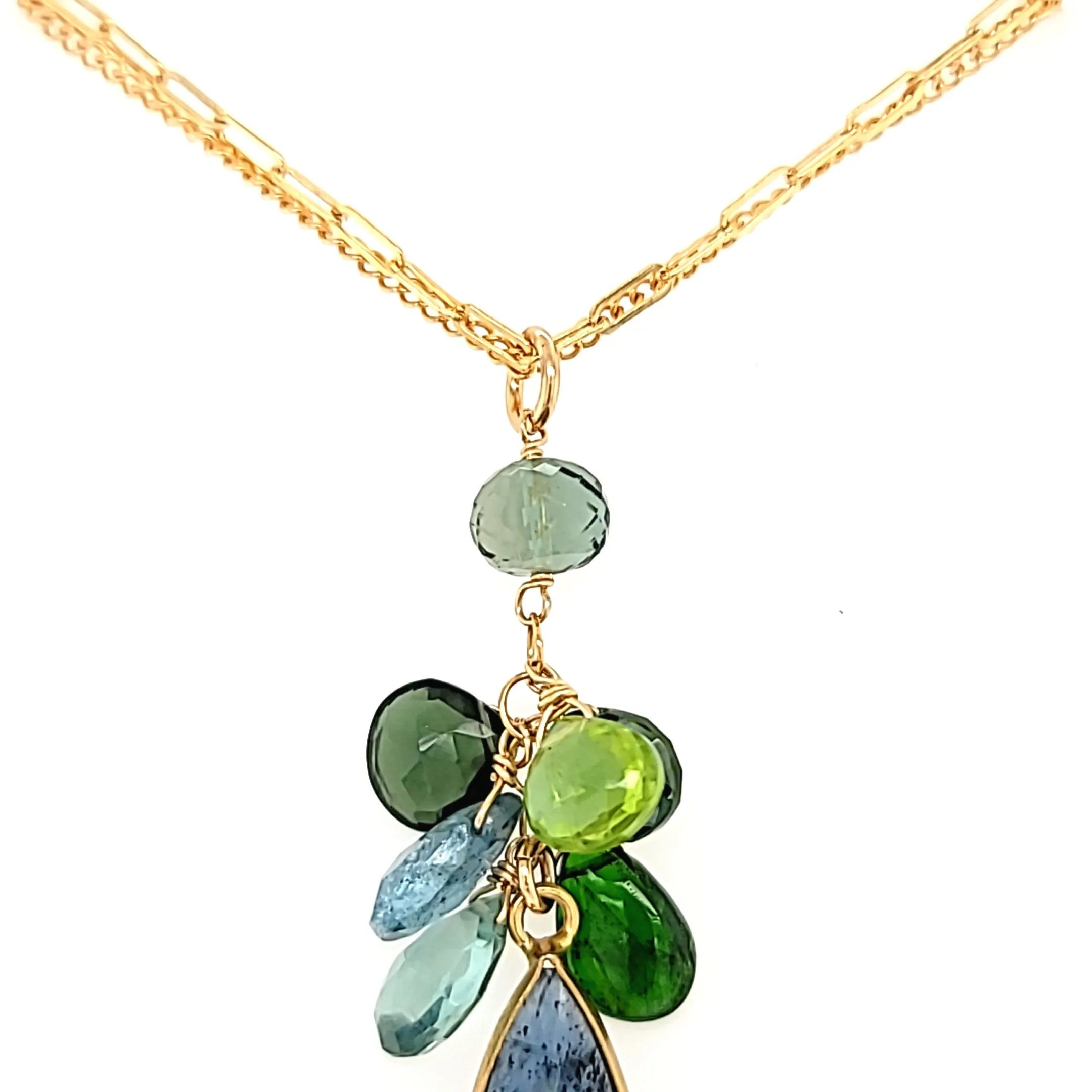 AVF Gold Elongated Kyanite w/ Peridot, Quartz, Moss Aqua & Chrome Diopside Cluster Necklace (SI3728)