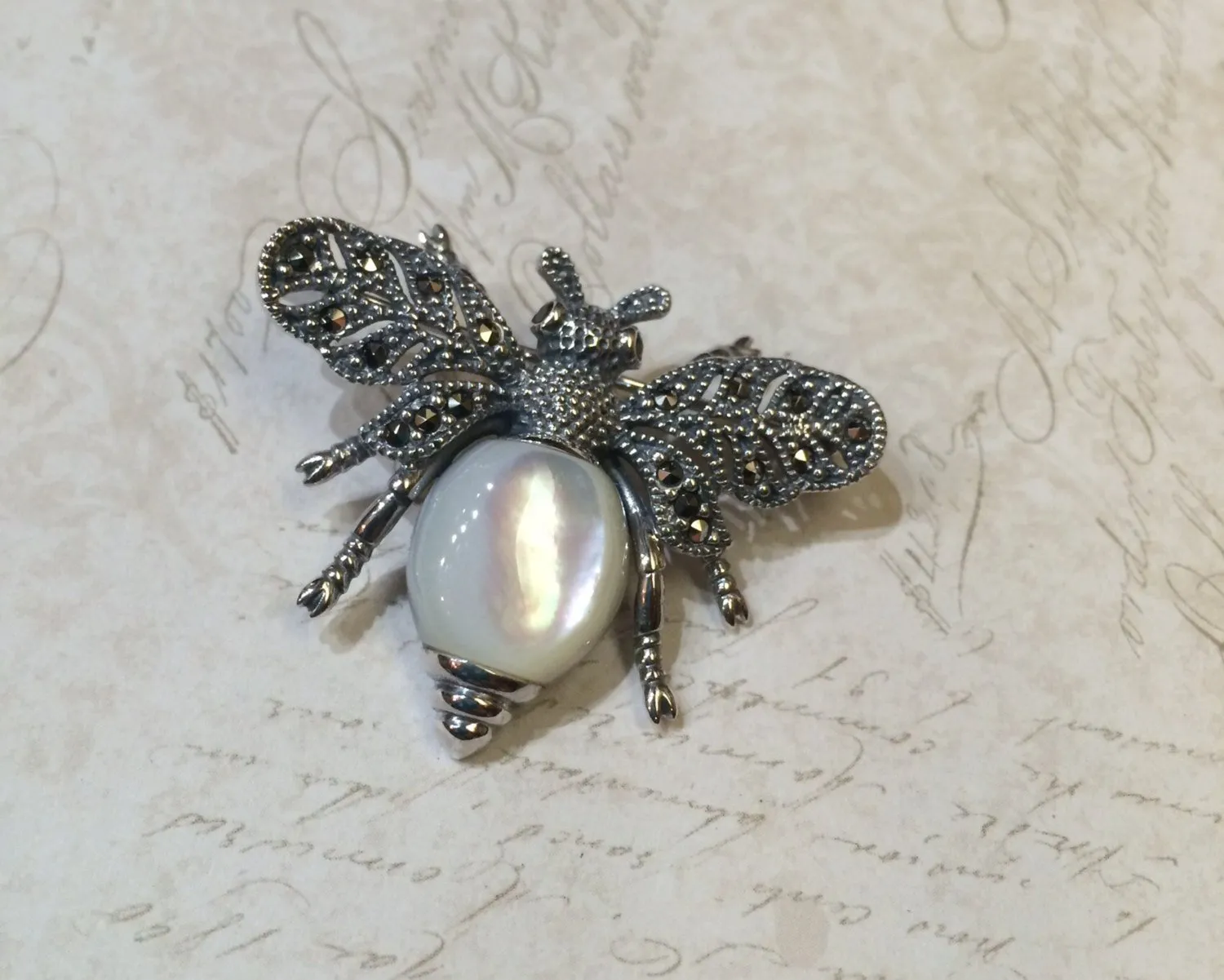 Bee Mother of Pearl Brooch Silver Marcasite