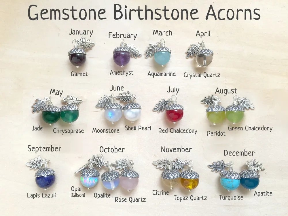 Birthstone Acorn Necklace- Your Choice of Month | Birthstone Jewelry | Gemstone Acorn Charm Necklace