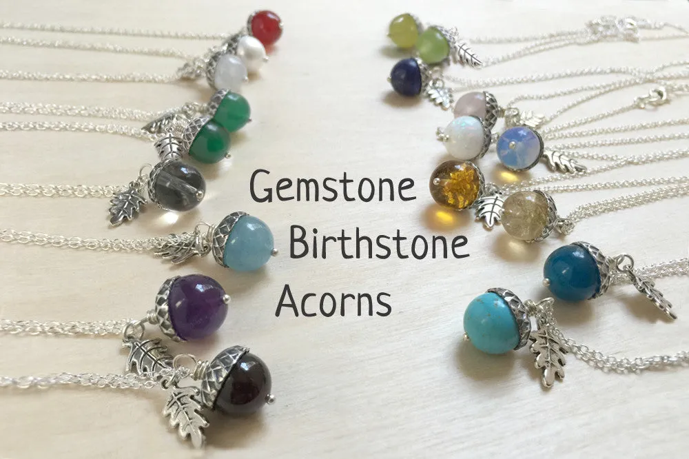 Birthstone Acorn Necklace- Your Choice of Month | Birthstone Jewelry | Gemstone Acorn Charm Necklace
