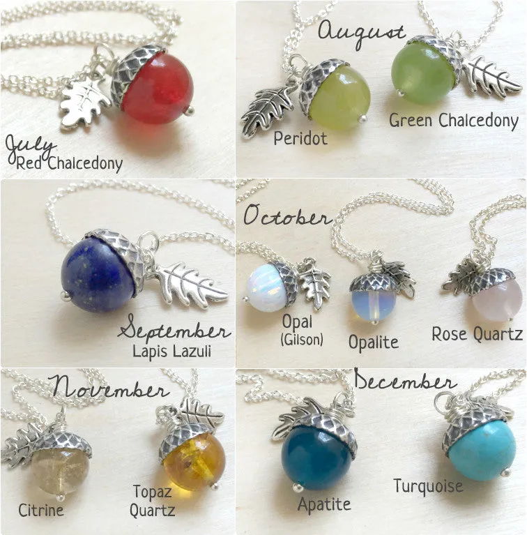Birthstone Acorn Necklace- Your Choice of Month | Birthstone Jewelry | Gemstone Acorn Charm Necklace