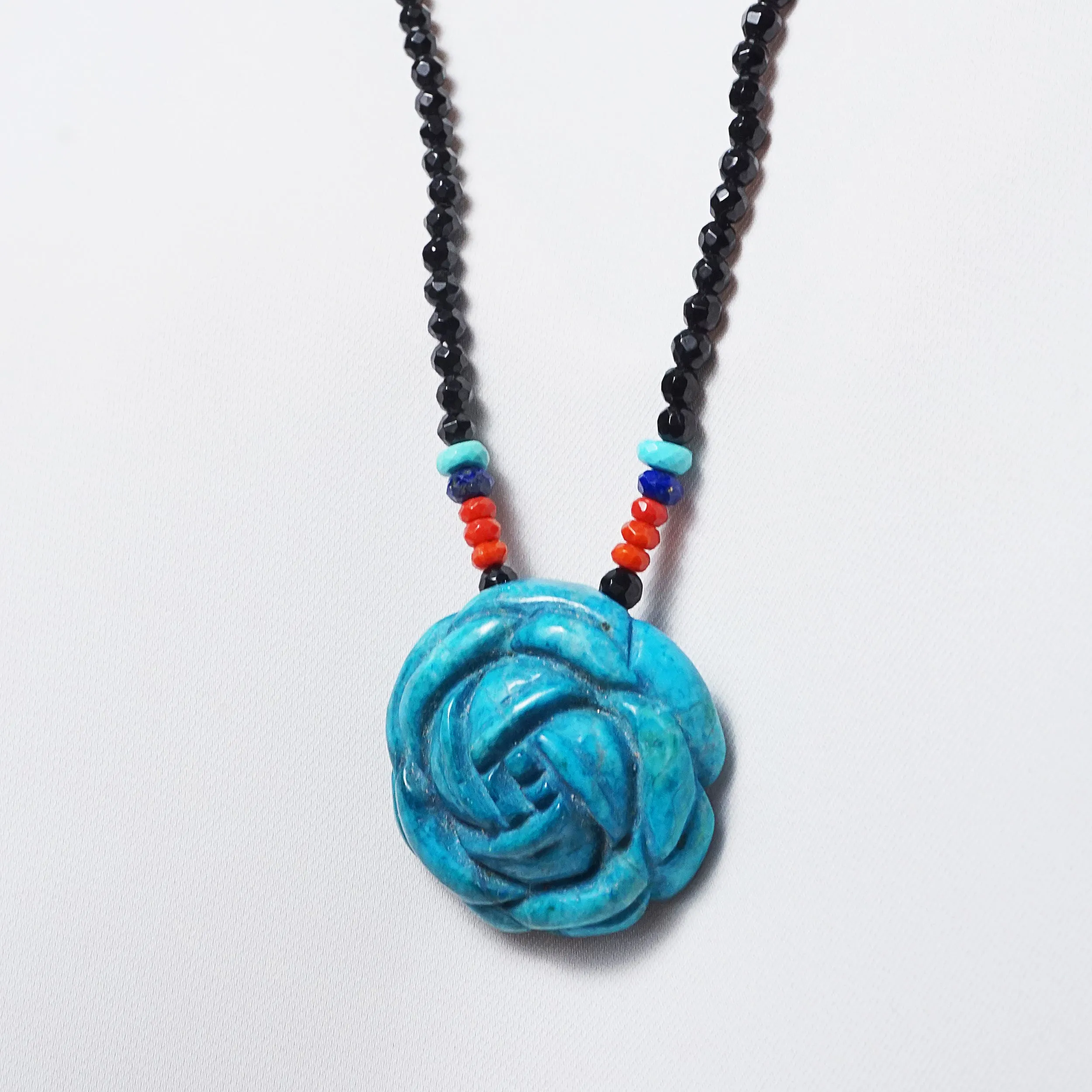 Carved Blue Howlite with Coral, Lapis Lazuli and Black Tourmaline