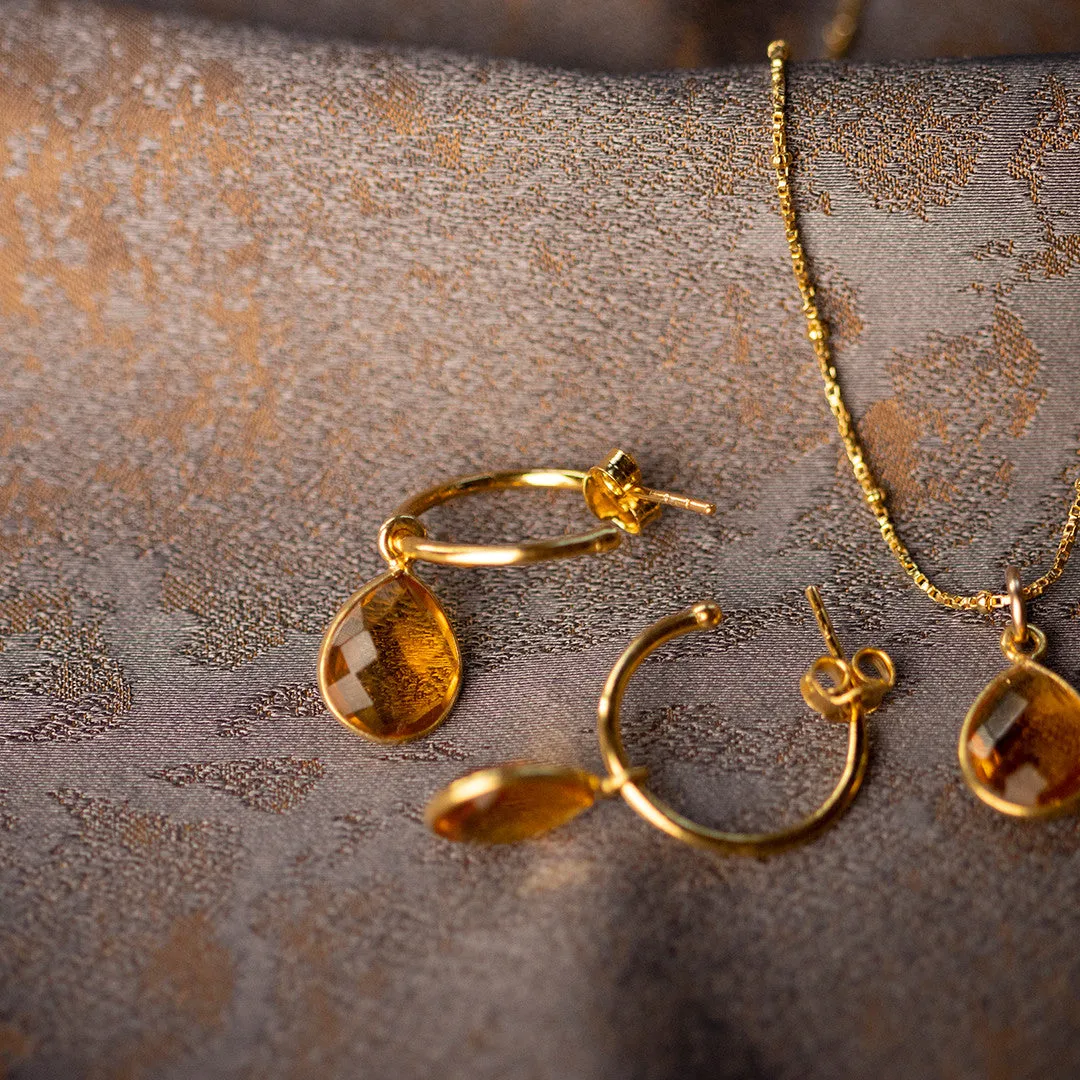 Citrine Drop Hoop Earrings | Gold - November