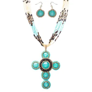 Cross Jewelry Traditional Design Beaded Necklace & Earrings Set JN245 Turquoise