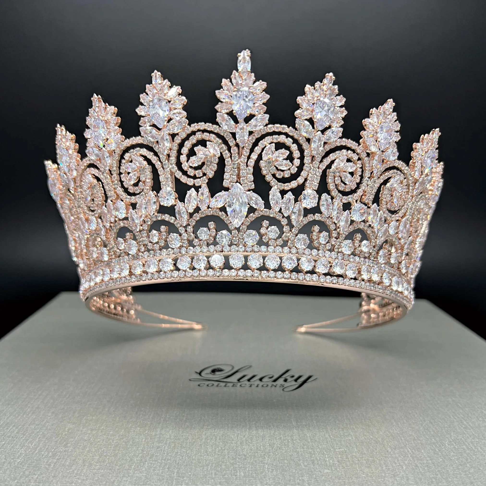 Cubic Zirconia Bridal Crown, Quinceanera Tall Tiara,  Finest Cut CZ Scrolls and Peaks