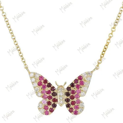 Diamond & Pink Sapphire Ruby Butterfly Necklace