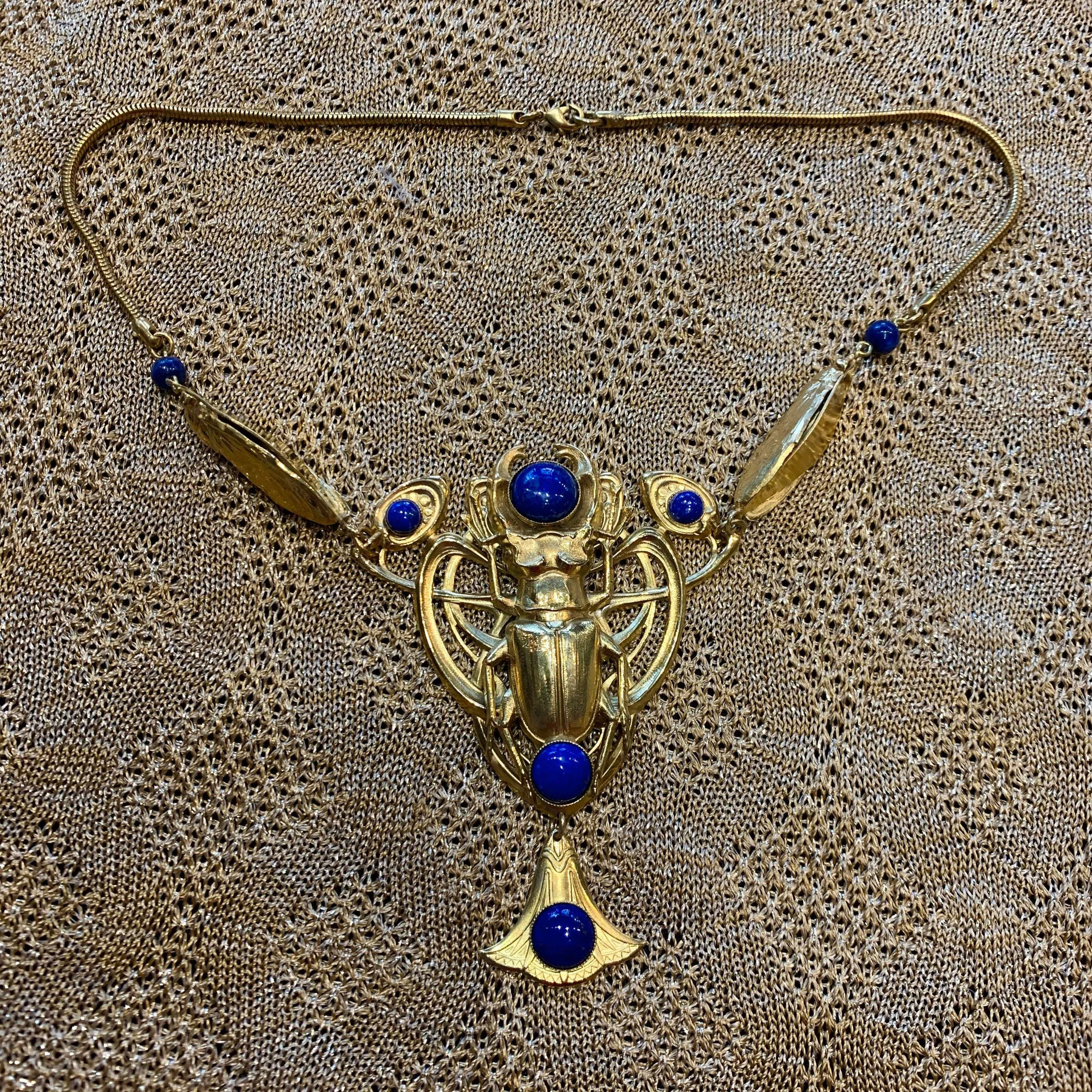 Egyptian Revival Scarab Necklace Art Nouveau Lapis Lazuli